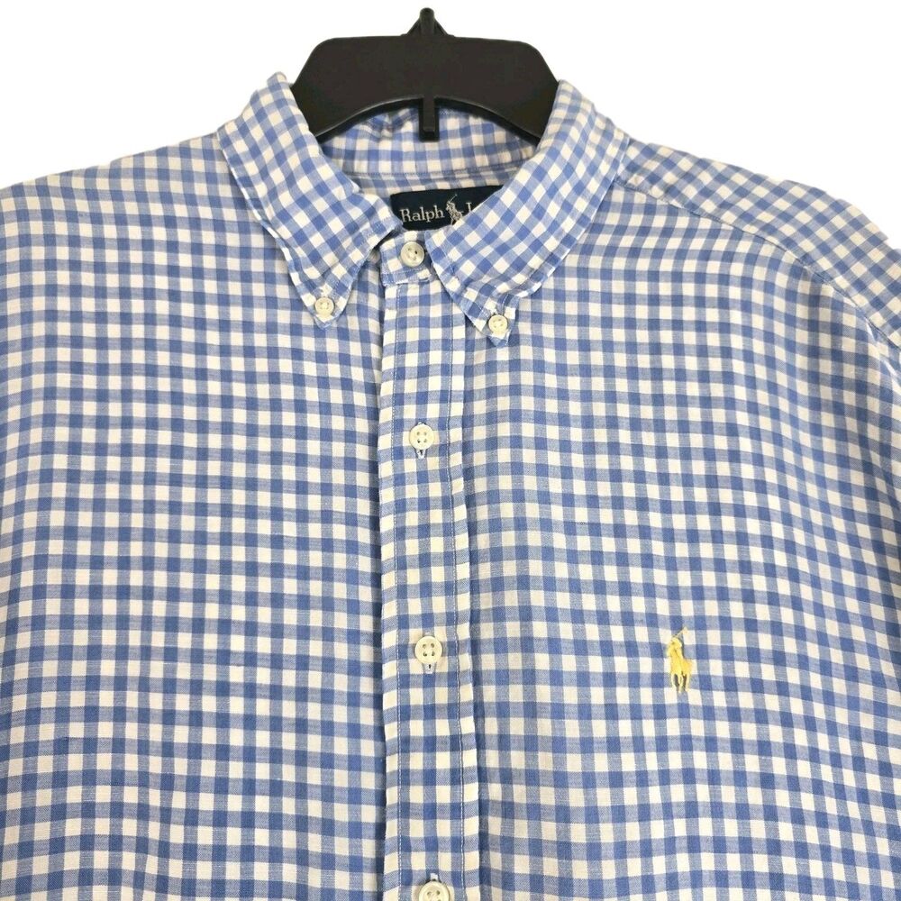Ralph Lauren Shirt Mens XL Blue White Gingham Classic Fit Silk Linen Button Down